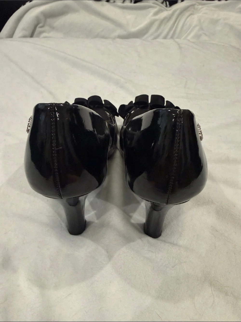 Fergalicious Black Patent Peep-Toe Heels with Ruffle Bow